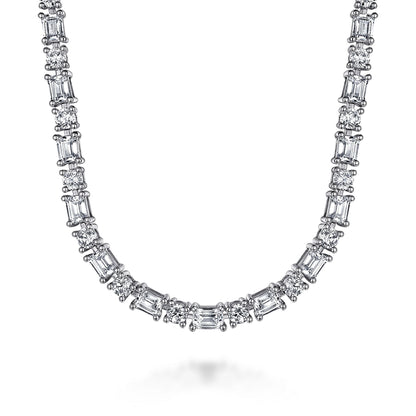 18K White Gold Emerald and Round Diamond Tennis Necklace