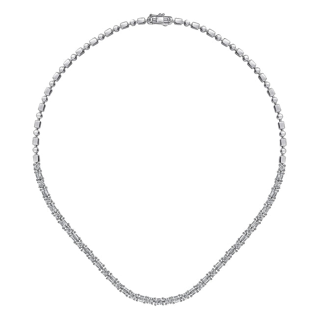 18K White Gold Emerald and Round Diamond Tennis Necklace