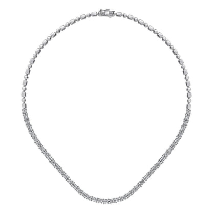 18K White Gold Emerald and Round Diamond Tennis Necklace