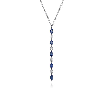 14K White Gold Diamonds and Marquise Blue Sapphire Vertical Bar Necklace