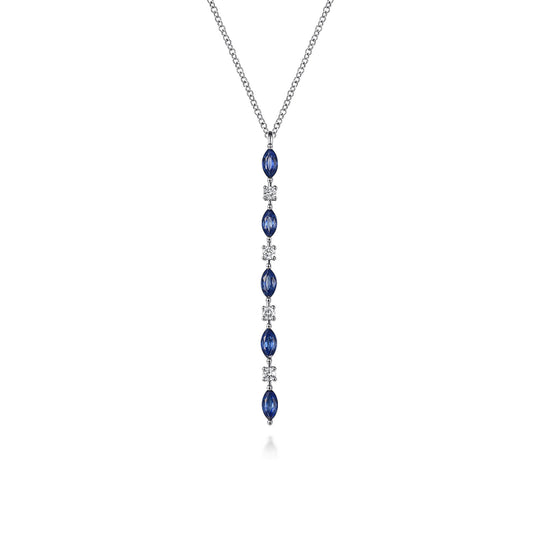 14K White Gold Diamonds and Marquise Blue Sapphire Vertical Bar Necklace