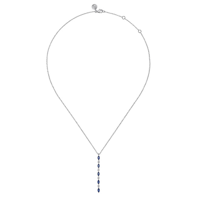 14K White Gold Diamonds and Marquise Blue Sapphire Vertical Bar Necklace