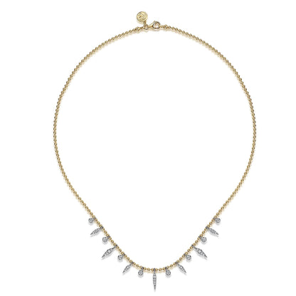 14K White and Yellow Gold Bead Chain and Diamond Droplet Necklace