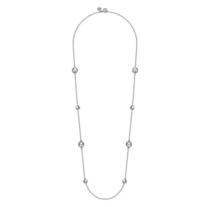 925 Sterling Silver 24 inch Bezel Green Amethyst and Round Hollow Silver Disk Station Necklace