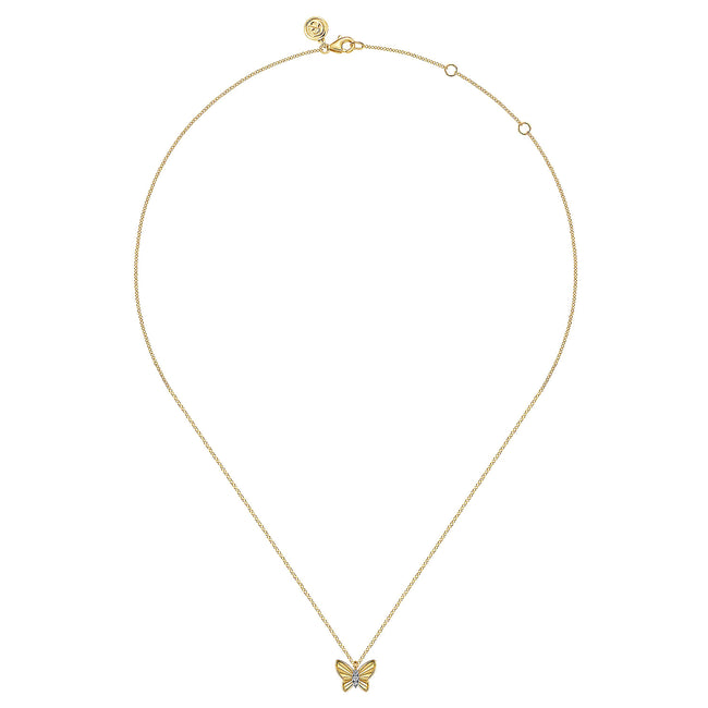 14K Yellow Gold Butterfly Necklace With Diamond Cut Finish And Graduating Diamonds.