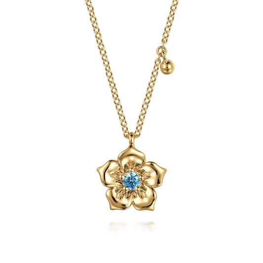14K Yellow Gold Blue Topaz Floral Drop Necklace