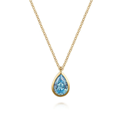 14K Yellow Gold Teardrop Blue Topaz Pendant Necklace