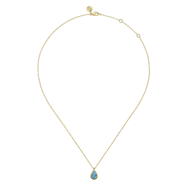 14K Yellow Gold Teardrop Blue Topaz Pendant Necklace
