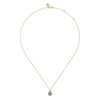 14K Yellow Gold Teardrop Blue Topaz Pendant Necklace