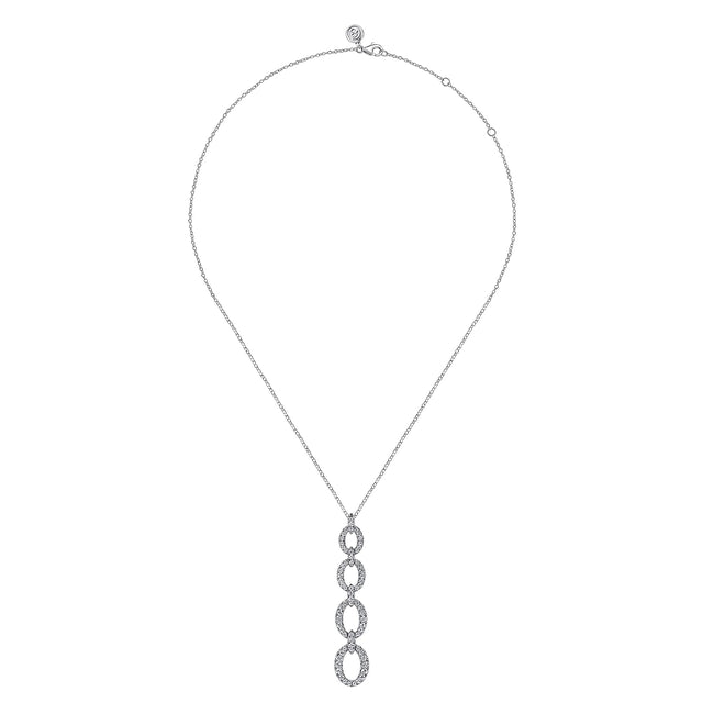 14K White Gold Graduating Diamond Oval Link Drop Pendant Necklace