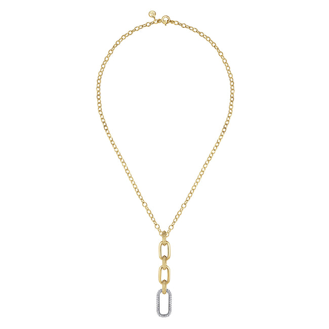 14K Yellow Gold Bujukan and Diamond Link Pendant Drop Necklace