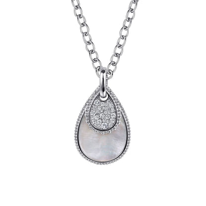 925 Sterling Silver Bujukan White Sapphire and White Mother of Pearl Teardrop Pendant Necklace