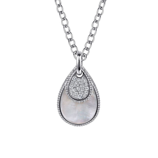 925 Sterling Silver Bujukan White Sapphire and White Mother of Pearl Teardrop Pendant Necklace