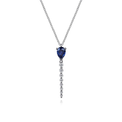 14K White Gold Graduating Diamonds and Blue Sapphire Pendant Drop Necklace