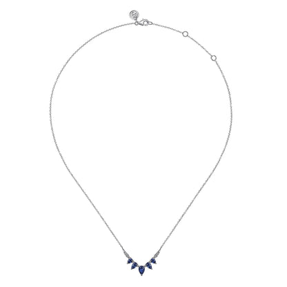 14K White Gold Diamond and Blue Sapphire Chevron Bar Necklace