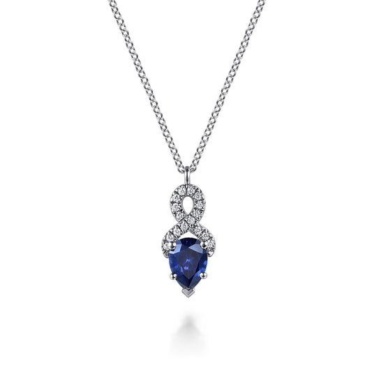 14K White Gold Infinity Blue Sapphire and Diamond Pendant Necklace