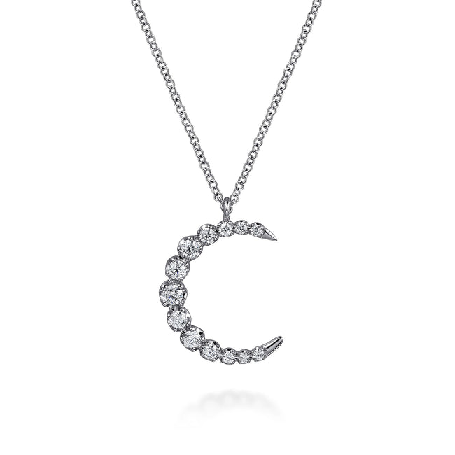 14K White Gold Graduating Diamond Moon Pendant Necklace