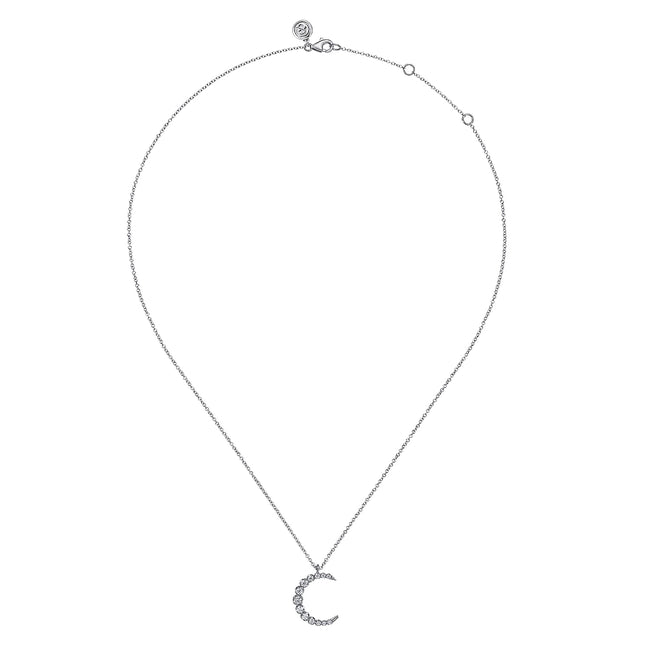 14K White Gold Graduating Diamond Moon Pendant Necklace