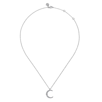 14K White Gold Graduating Diamond Moon Pendant Necklace