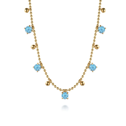 14K Yellow Gold Bujukan and Blue Topaz Station Necklace