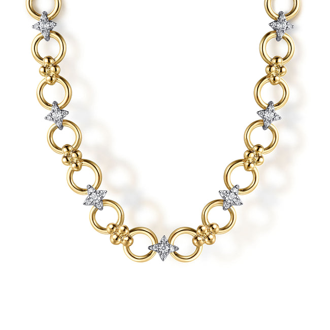 14K White & Yellow Gold Bujukan Diamond and Hollow Link Chain Necklace