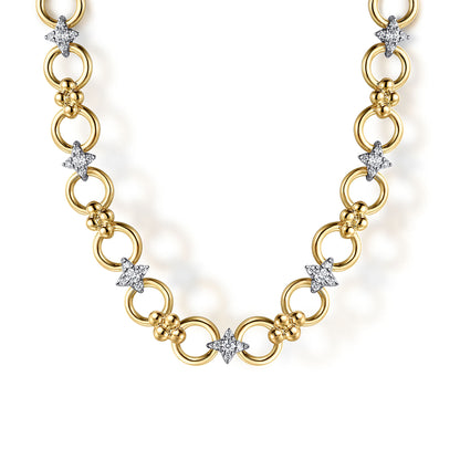 14K White & Yellow Gold Bujukan Diamond and Hollow Link Chain Necklace