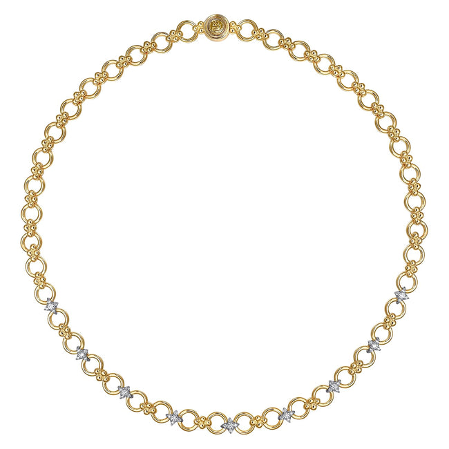 14K White & Yellow Gold Bujukan Diamond and Hollow Link Chain Necklace
