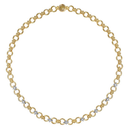 14K White & Yellow Gold Bujukan Diamond and Hollow Link Chain Necklace