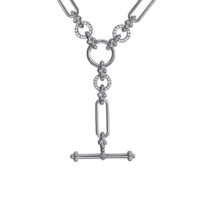 925 Sterling Silver Hollow Tube Link Bujukan and White Sapphire Y Necklace