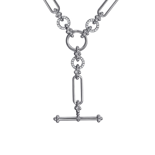 925 Sterling Silver Hollow Tube Link Bujukan and White Sapphire Y Necklace