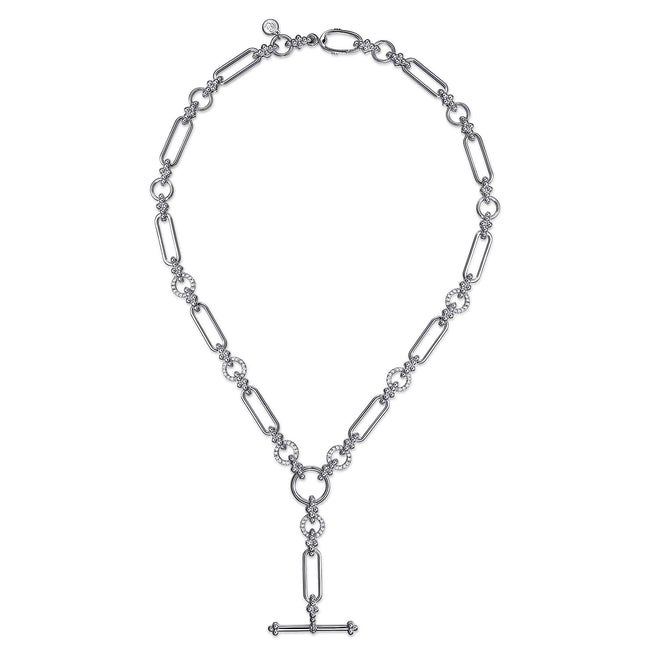 925 Sterling Silver Hollow Tube Link Bujukan and White Sapphire Y Necklace