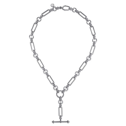 925 Sterling Silver Hollow Tube Link Bujukan and White Sapphire Y Necklace