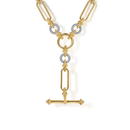 14K Yellow Gold Hollow Tube Link Bujukan and Diamond Y Necklace