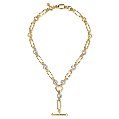 14K Yellow Gold Hollow Tube Link Bujukan and Diamond Y Necklace