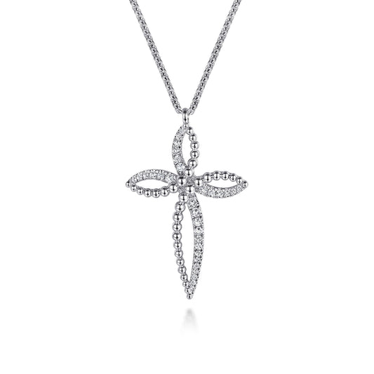 925 Sterling Silver Bujukan and White Sapphire Cross Pendant Necklace