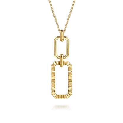 14K Yellow Plain Gold Diamond Cut Link Pendant Necklace