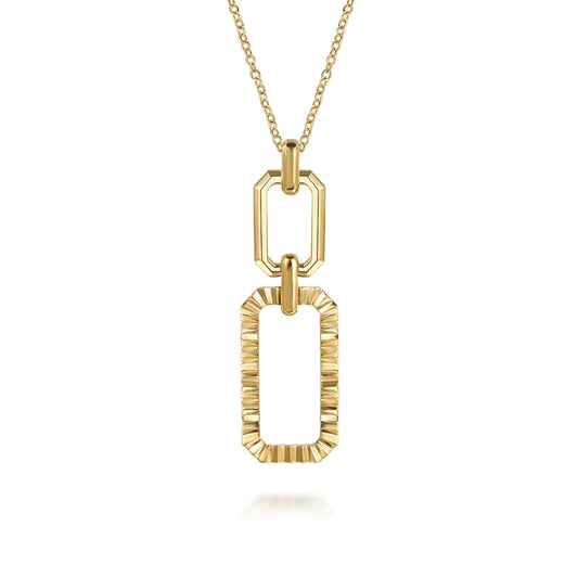 14K Yellow Plain Gold Diamond Cut Link Pendant Necklace