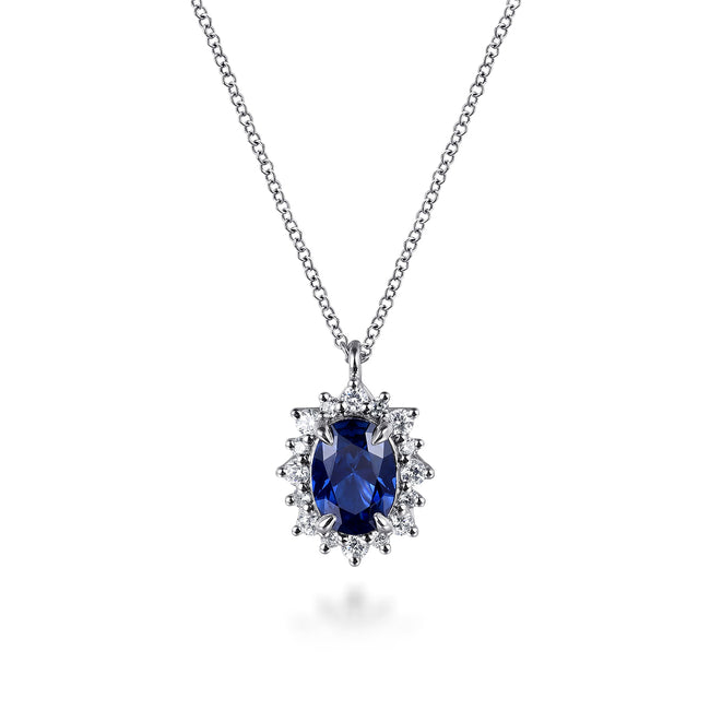14K White Gold Diamond Halo and Oval Sapphire Classic Pendant Necklace