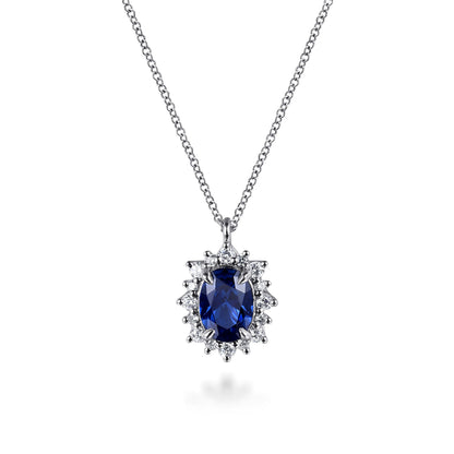 14K White Gold Diamond Halo and Oval Sapphire Classic Pendant Necklace