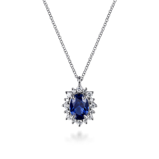 14K White Gold Diamond Halo and Oval Sapphire Classic Pendant Necklace