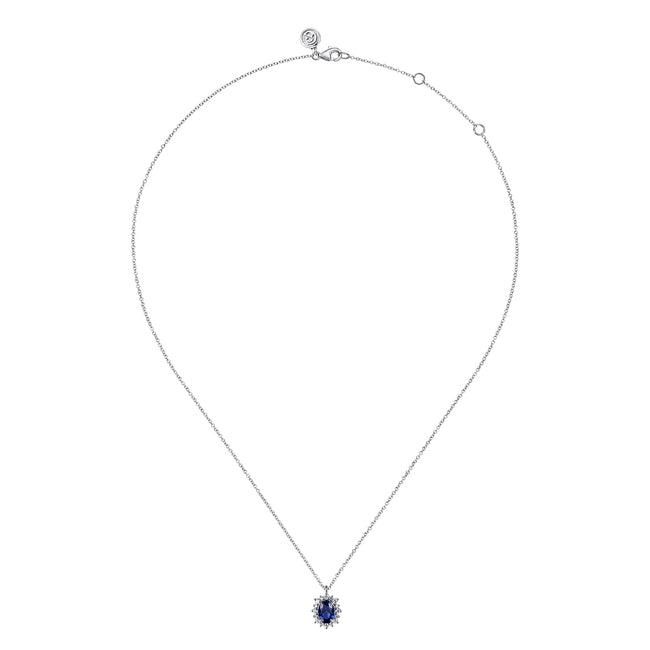 14K White Gold Diamond Halo and Oval Sapphire Classic Pendant Necklace