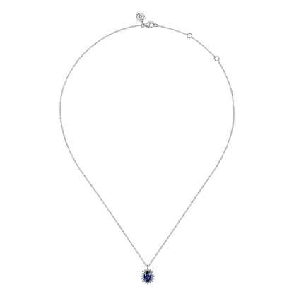 14K White Gold Diamond Halo and Oval Sapphire Classic Pendant Necklace