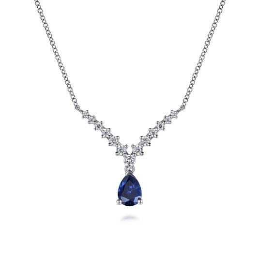 14K White Gold Diamond and Pear Sapphire Chervon Necklace