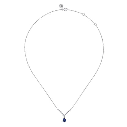14K White Gold Diamond and Pear Sapphire Chervon Necklace