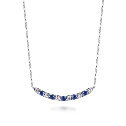 14K White Gold Diamond and Oval Sapphire Bar Necklace