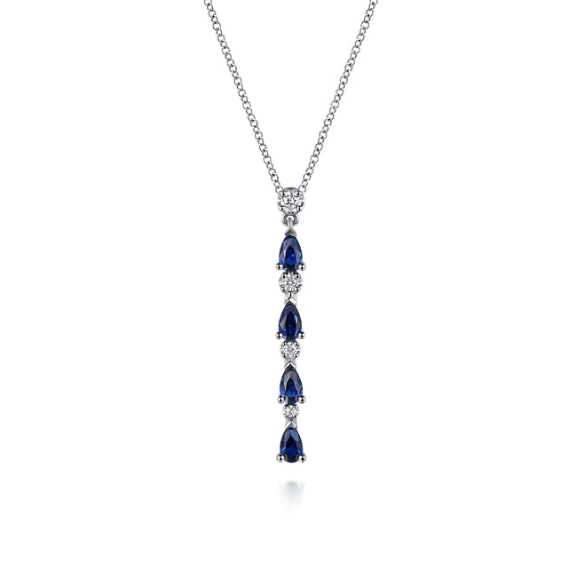 14K White Gold Diamond and Pear Sapphire Vertical Bar Necklace