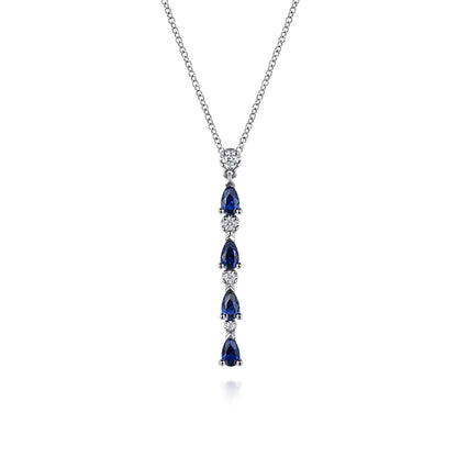 14K White Gold Diamond and Pear Sapphire Vertical Bar Necklace