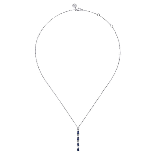 14K White Gold Diamond and Pear Sapphire Vertical Bar Necklace