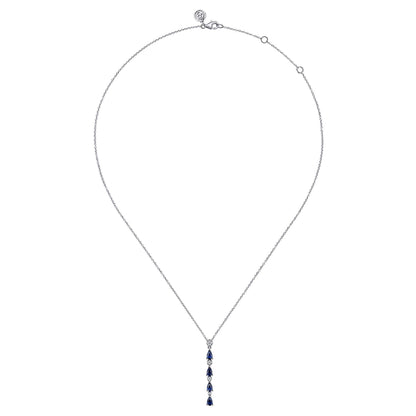 14K White Gold Diamond and Pear Sapphire Vertical Bar Necklace