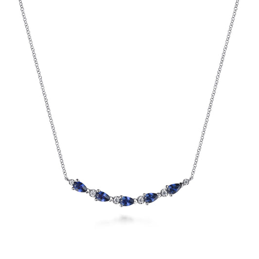 14K White Gold Diamond and Pear Sapphire Bar Necklace